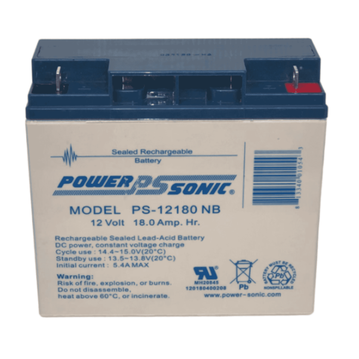 Power Sonic PS-12180 M5 FR 12V 18Ah Sealed Lead Acid Battery, Flame Retardant, General Purpose