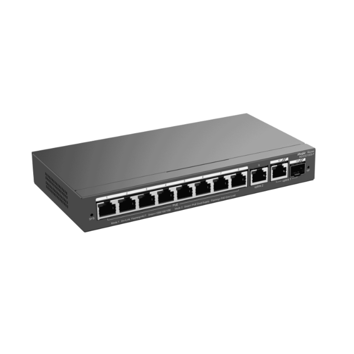 Ruijie RG-ES210GS-P 10-Port Gigabit PoE Switch - 8 PoE+ RJ45 Ports, 1 Gigabit SFP, Auto-Negotiation