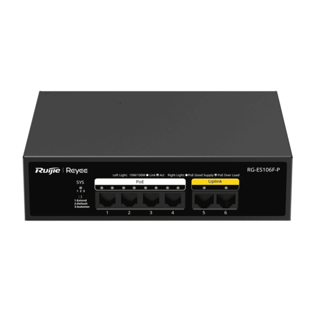 Ruijie RG-ES106F-P 6-Port 10/100Mbps Unmanaged PoE Switch - Compact, Fanless, Plug & Play